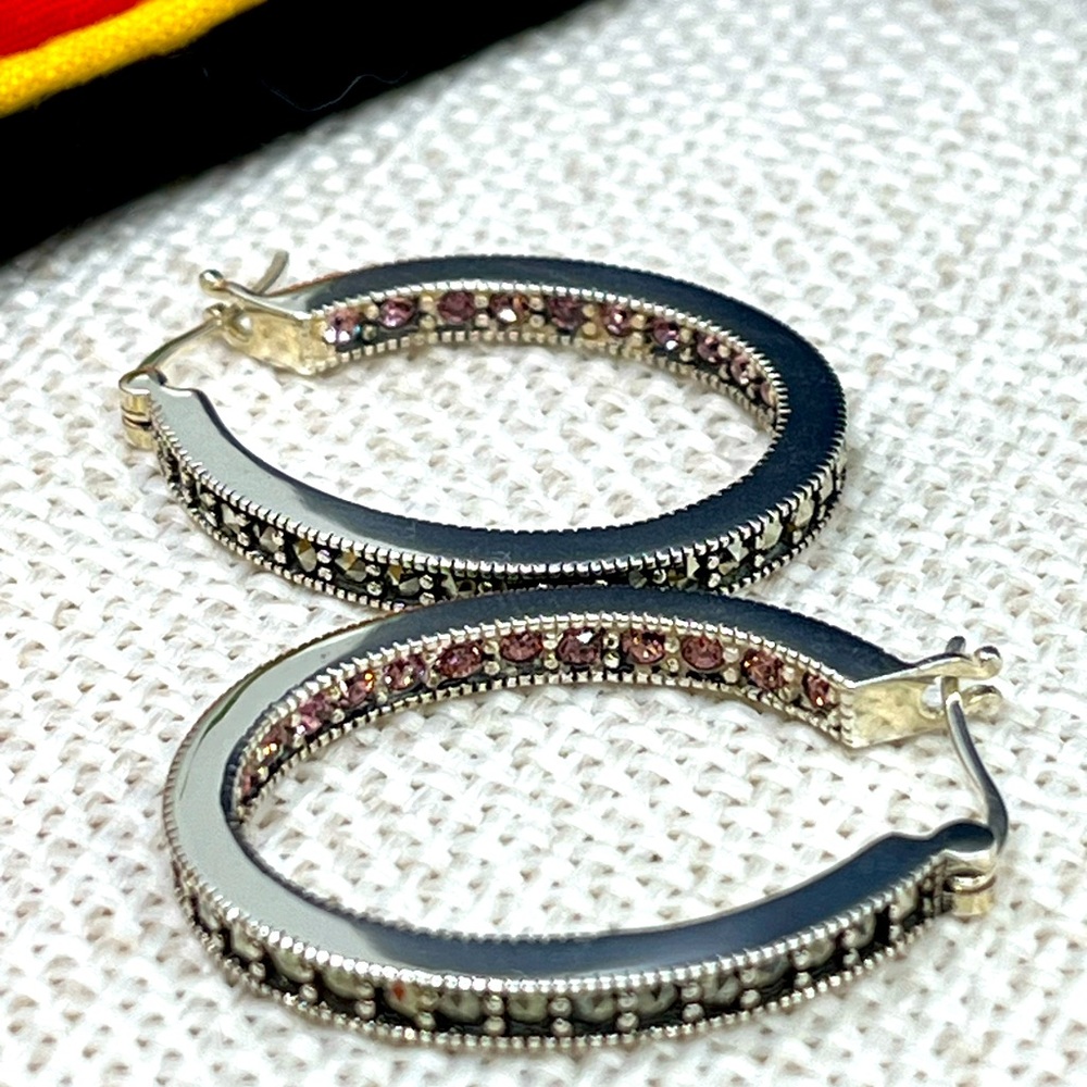 Vintage Suspicion 925 Sterling Silver Marcasite Hoop Earrings with Purple Gems